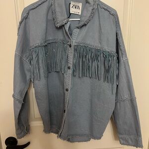 Zara Light Blue Fringed Denim Shirt Jacket